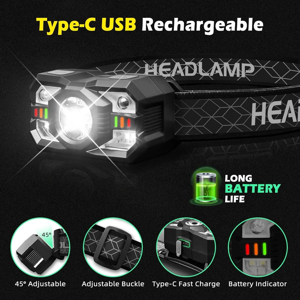 Hyted žibintuvėlis ant galvos, LED, 2000 lm, įkraunamas, 10 režimų, IPX5, ZL-009, 2 vnt.