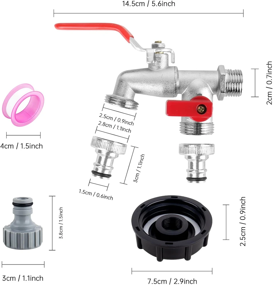 IBC dvigubas išleidimo vožtuvas 1/2 colio, žalvarinis adapteris vandens talpai 1000 l, S60x6 sriegis