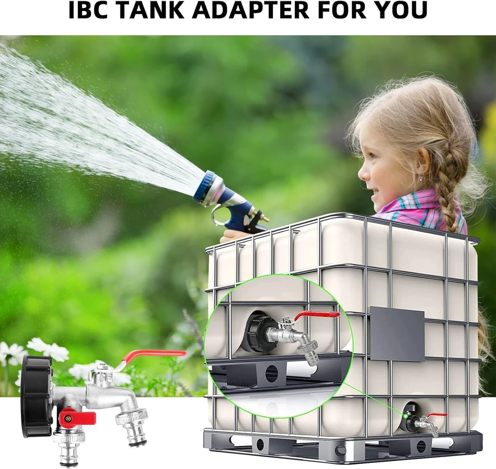 IBC dvigubas išleidimo vožtuvas 1/2 colio, žalvarinis adapteris vandens talpai 1000 l, S60x6 sriegis