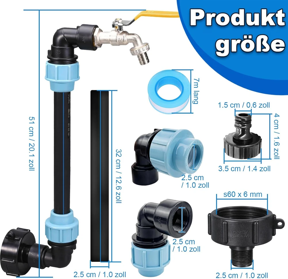 IBC vandens talpos kranas 3/4 colio S60x6, žąsies kaklo formos, žalvaris ir PE, adapteris