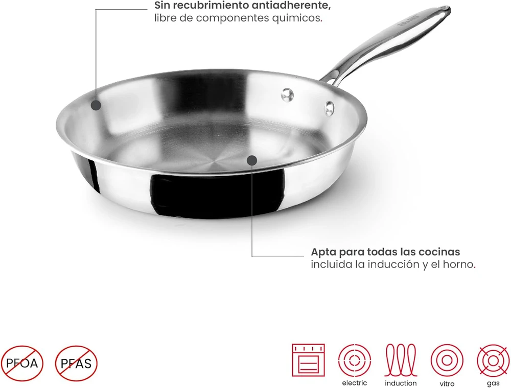 IBILI trijų sluoksnių nerūdijančio plieno keptuvė be dangos, 28 cm, Triply Natural 652928