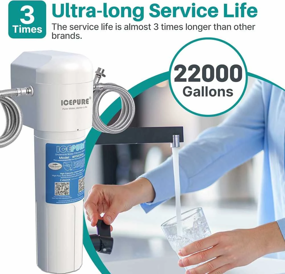 ICEPURE vandens filtro sistema po kriaukle, ultrafiltravimas, 2,5 GPM, 22000 galonų, WFS5300 A
