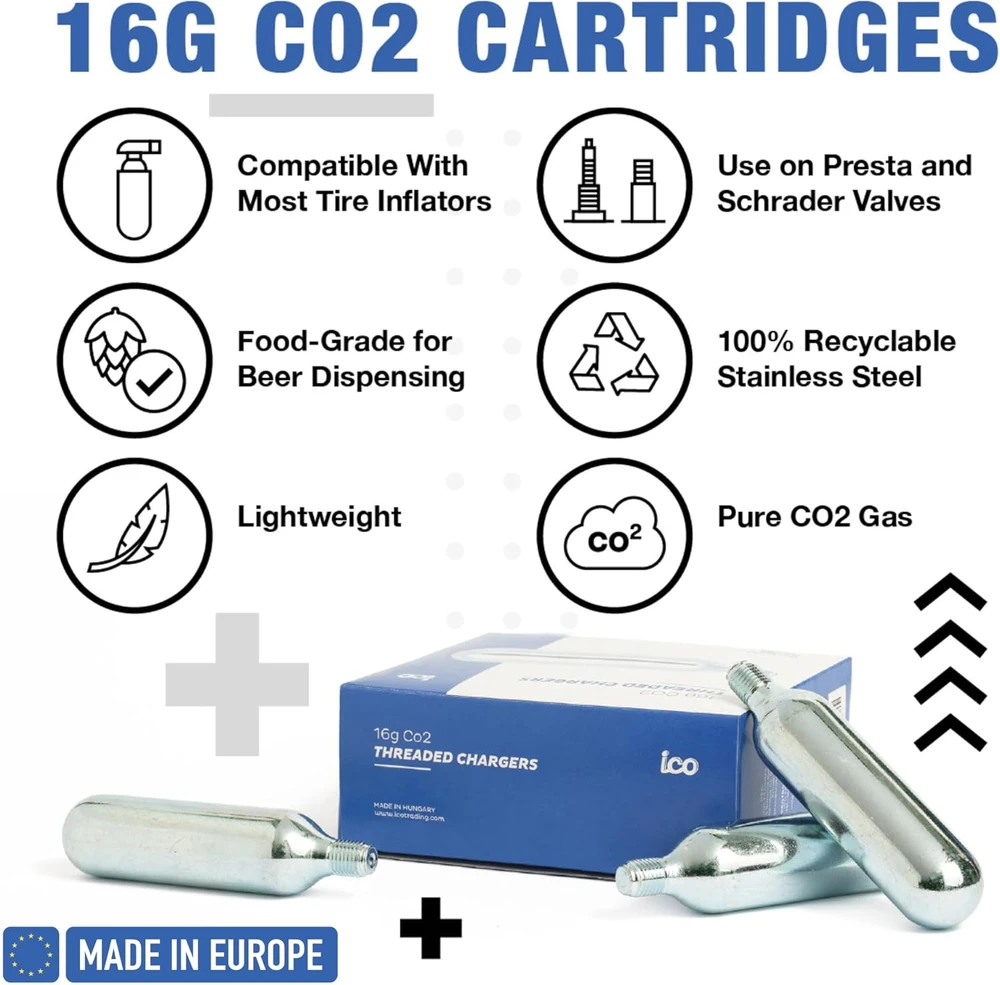 ICO CO2 srieginiai 16 g balionėliai dviračių padangų pripūtimui, 10 vnt. rinkinys