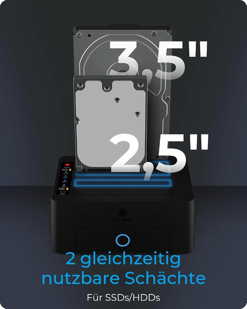 Icy Box „RaidSonic ICYBOX IB-1232CL-U3 2Bay“ prijungimo / klonavimo stotis, skirta 2,5 colio ir 3,5 colio HDD „Sata USB 3.2 Gen 1“