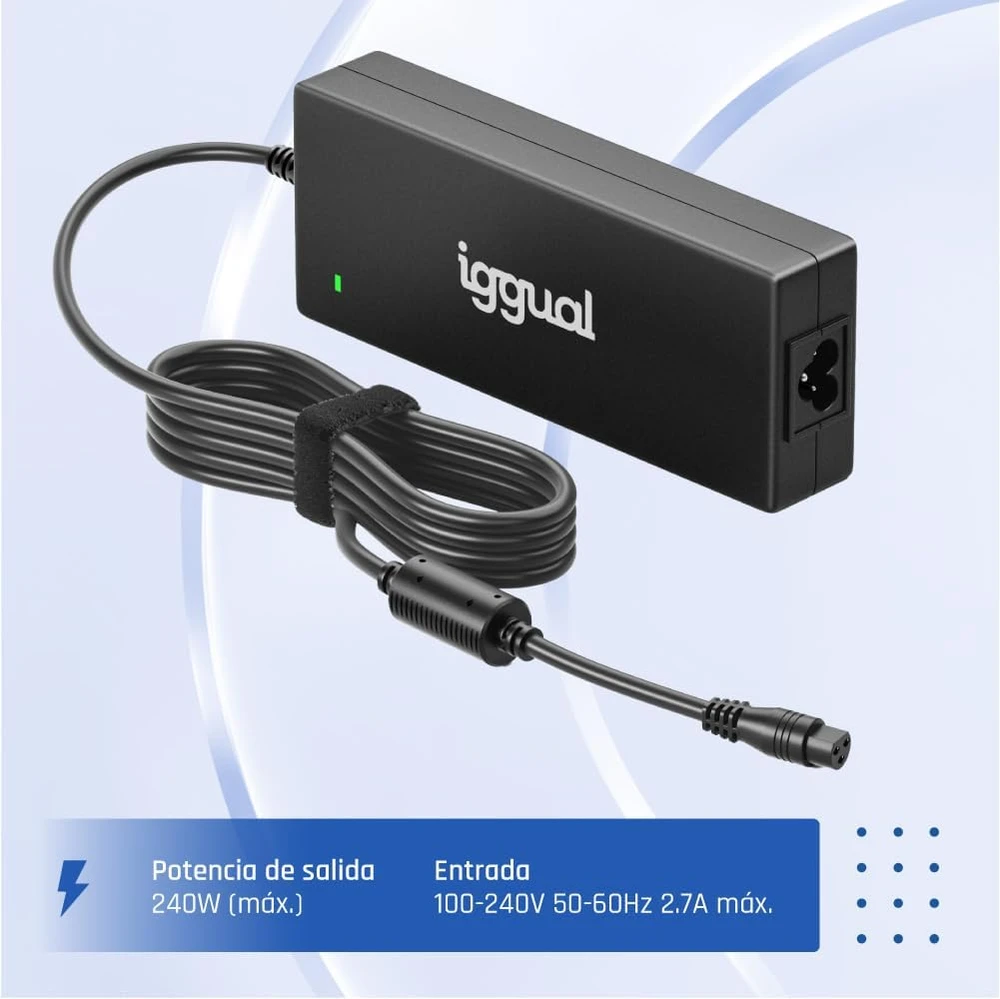 iggual universalus nešiojamųjų kompiuterių įkroviklis 240 W, 6 keičiami kištukai, 18–20 V, 12 A, 2.4 m laidu, CUA-6T-240 W