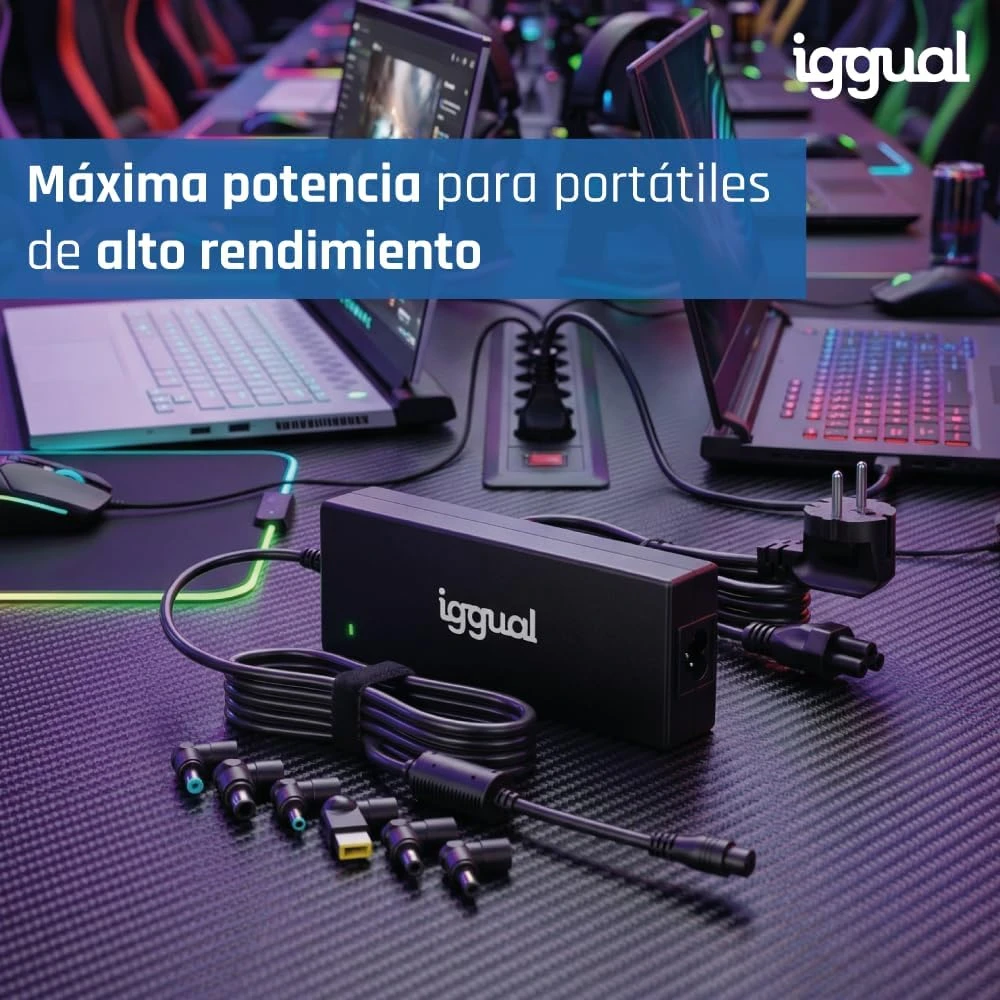 iggual universalus nešiojamųjų kompiuterių įkroviklis 240 W, 6 keičiami kištukai, 18–20 V, 12 A, 2.4 m laidu, CUA-6T-240 W