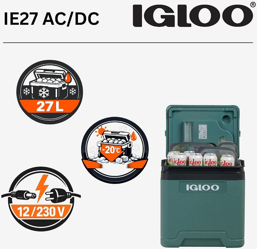 Igloo nešiojamas termoelektrinis automobilinis šaldytuvas 27 l, 12 V / 230 V, Ie27 modelis