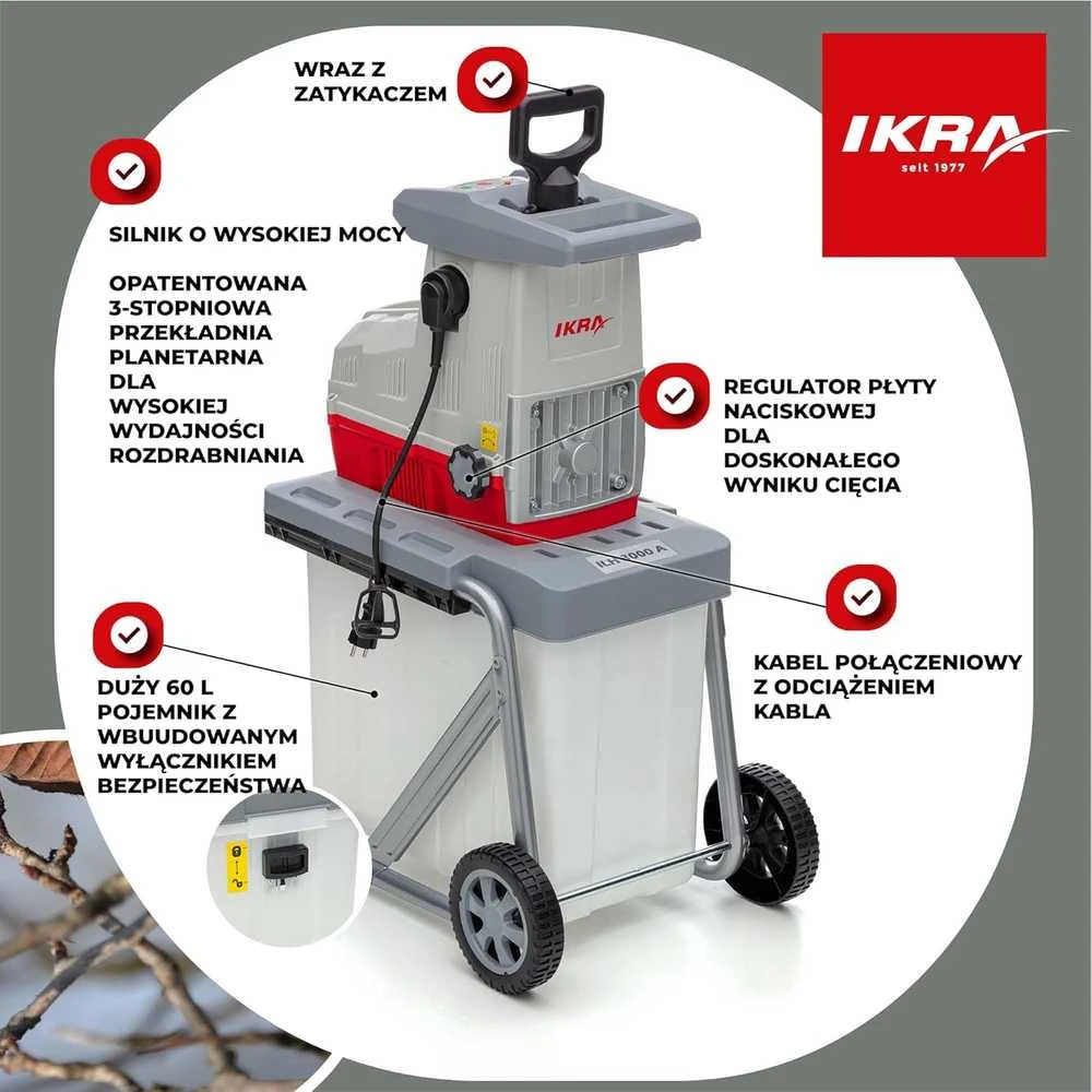 IKRA sodo šakų smulkintuvas elektrinis 3000 W iki 44 mm ILH 3000 A