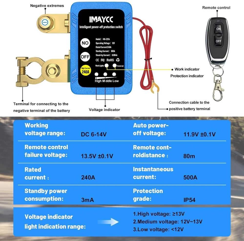 IMAYCC belaidis nuotoliniu būdu valdomas 12 V 240 A automobilio atjungiklis su vagystės apsauga