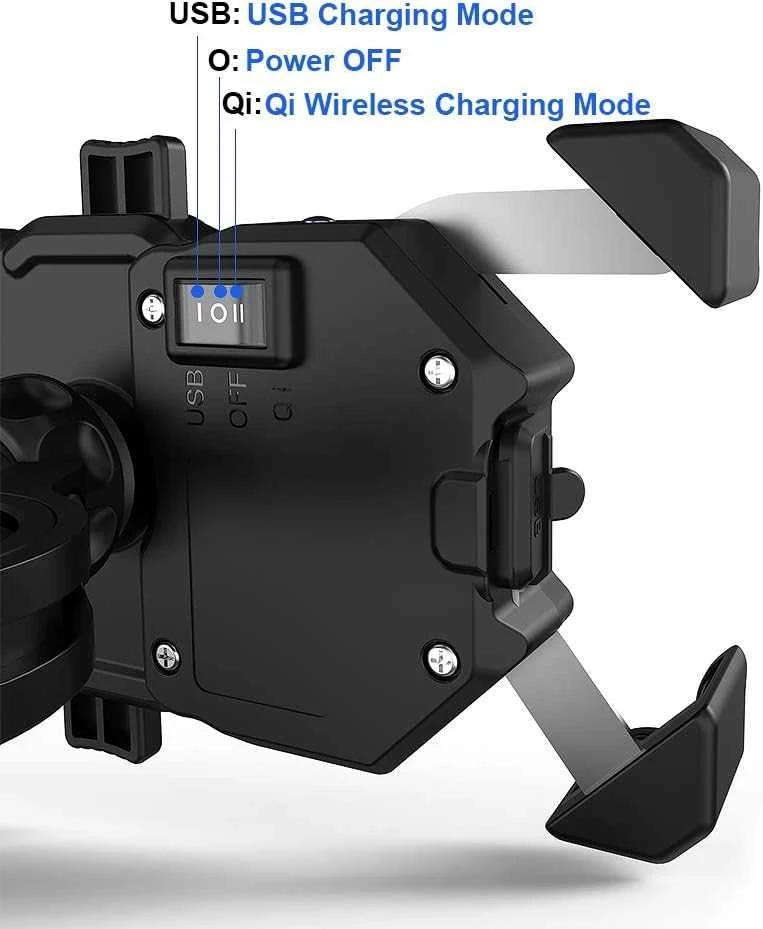 iMESTOU belaidis ir USB motociklo telefono laikiklis su Qi greitu įkrovimu 15W, montavimas ant vairo/lango, modelis M11A