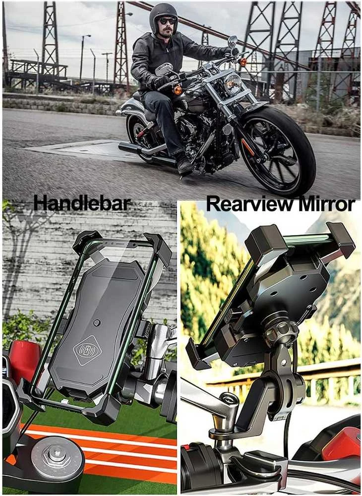 iMESTOU belaidis ir USB motociklo telefono laikiklis su Qi greitu įkrovimu 15W, montavimas ant vairo/lango, modelis M11A