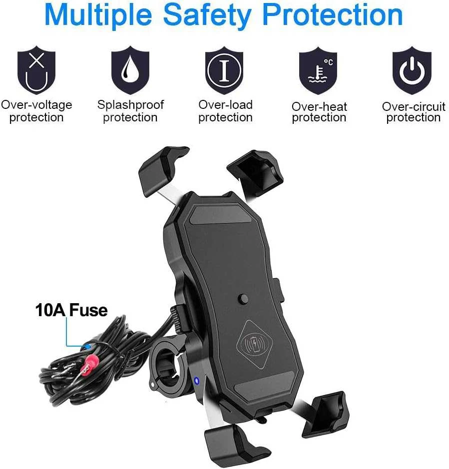 iMESTOU belaidis ir USB motociklo telefono laikiklis su Qi greitu įkrovimu 15W, montavimas ant vairo/lango, modelis M11A