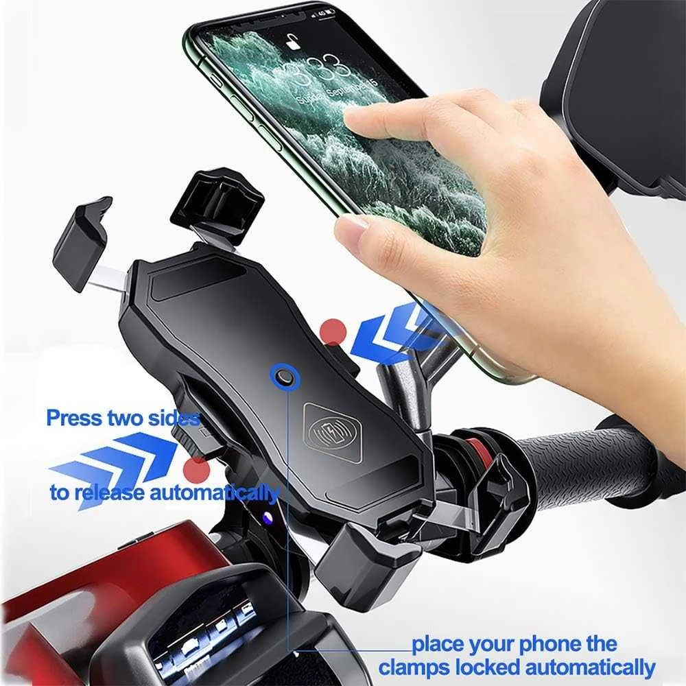 iMESTOU belaidis ir USB motociklo telefono laikiklis su Qi greitu įkrovimu 15W, montavimas ant vairo/lango, modelis M11A