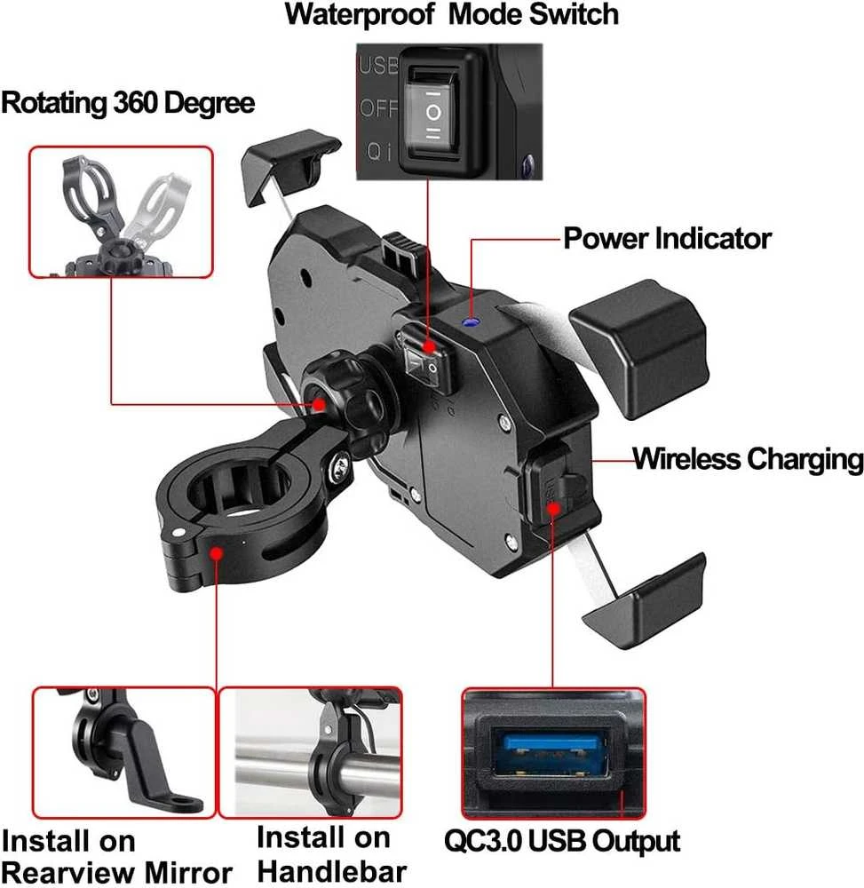 iMESTOU belaidis ir USB motociklo telefono laikiklis su Qi greitu įkrovimu 15W, montavimas ant vairo/lango, modelis M11A