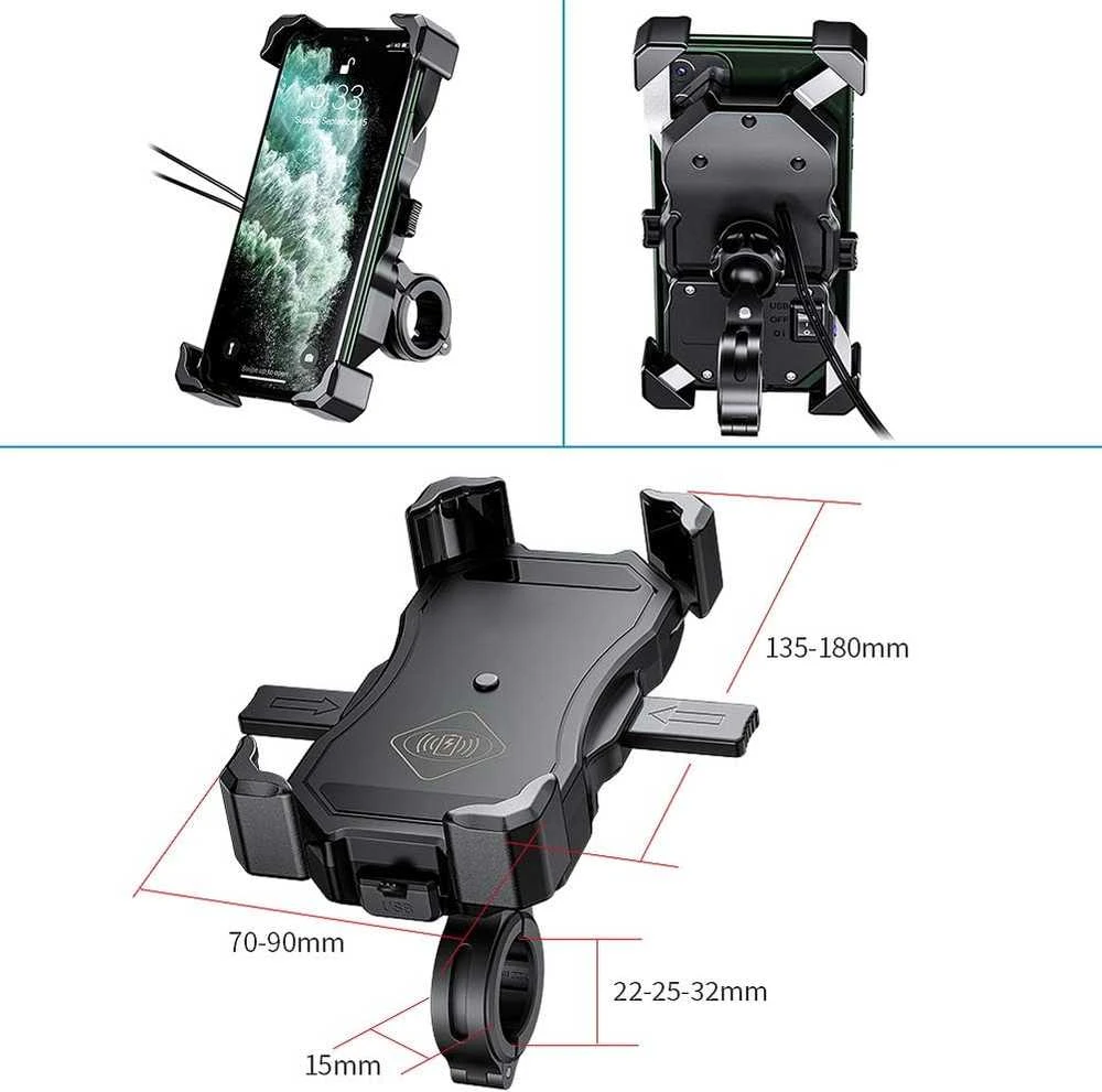 iMESTOU belaidis ir USB motociklo telefono laikiklis su Qi greitu įkrovimu 15W, montavimas ant vairo/lango, modelis M11A
