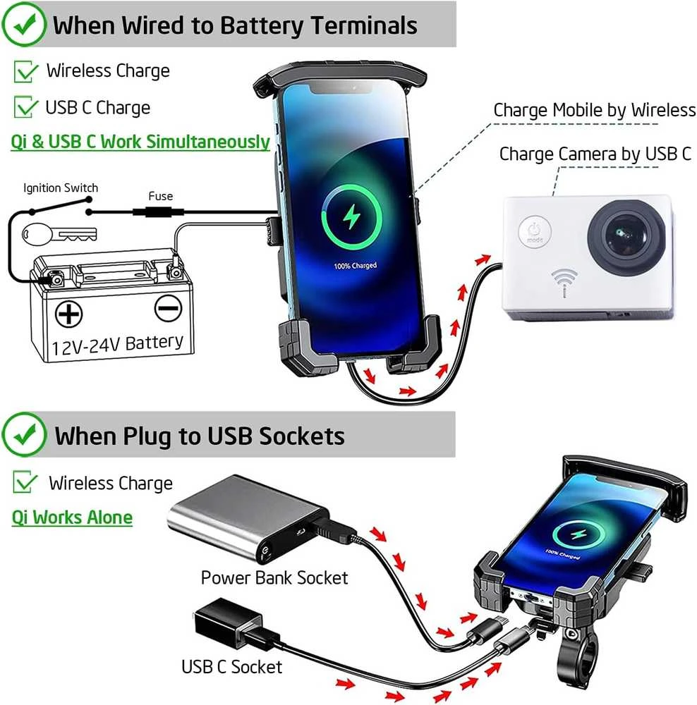 iMESTOU belaidis telefono laikiklis motociklui su 15W Qi įkrovimu ir USB-C jungtimi, tinkamas 4–7 colių išmaniesiems telefonams, modelis M14A