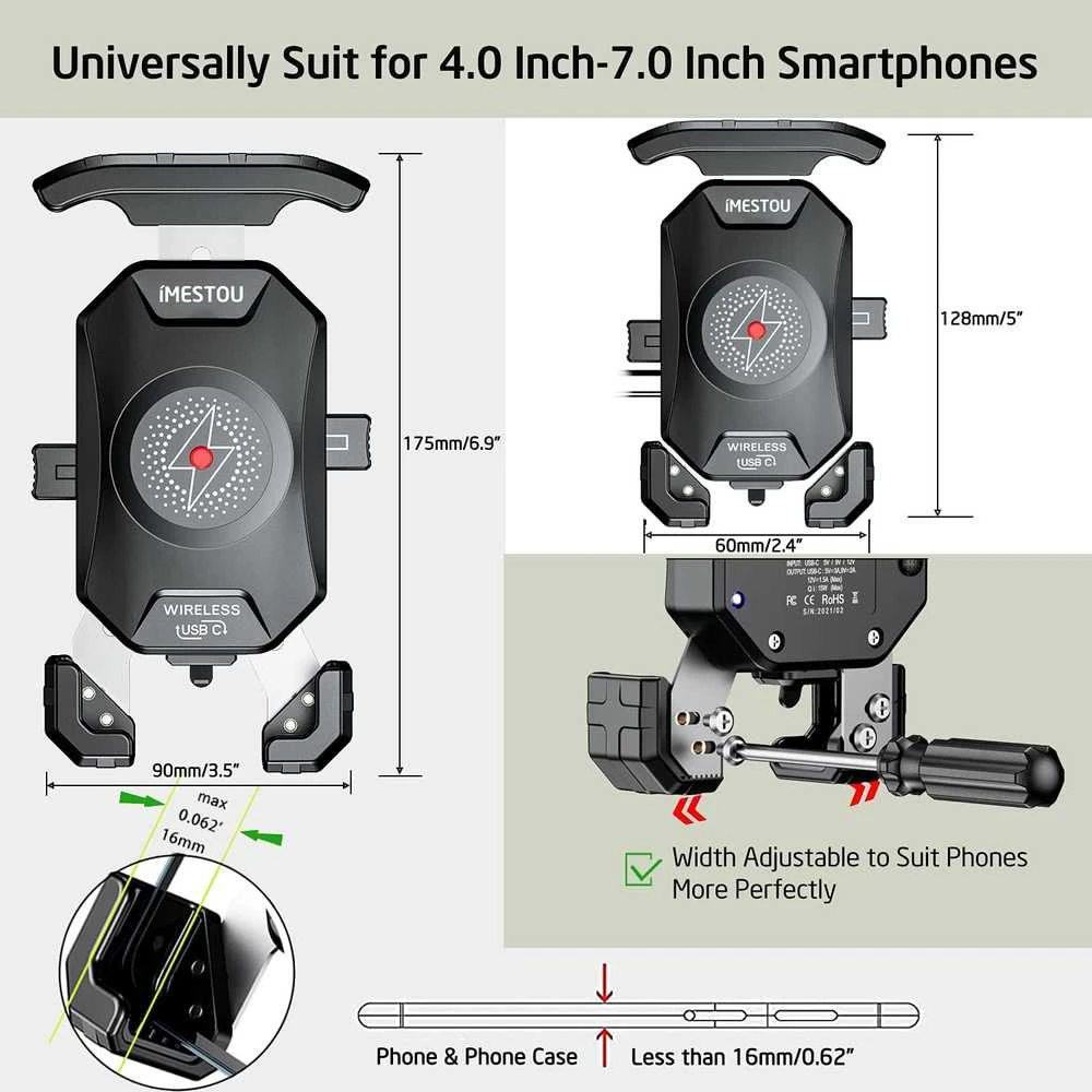 iMESTOU belaidis telefono laikiklis motociklui su 15W Qi įkrovimu ir USB-C jungtimi, tinkamas 4–7 colių išmaniesiems telefonams, modelis M14A