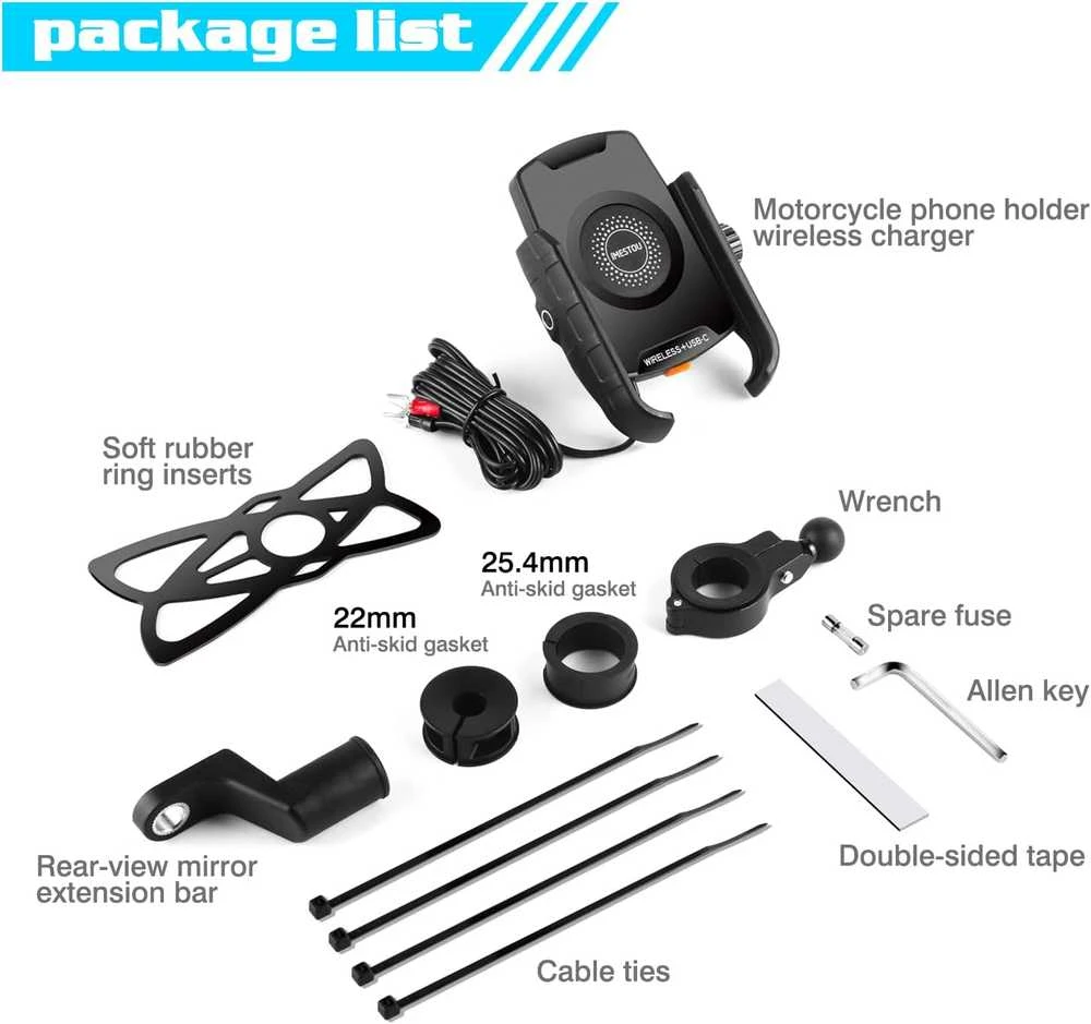 iMESTOU laikiklis motociklui, QC3.0, 15 W, USB-C, M9S modelis