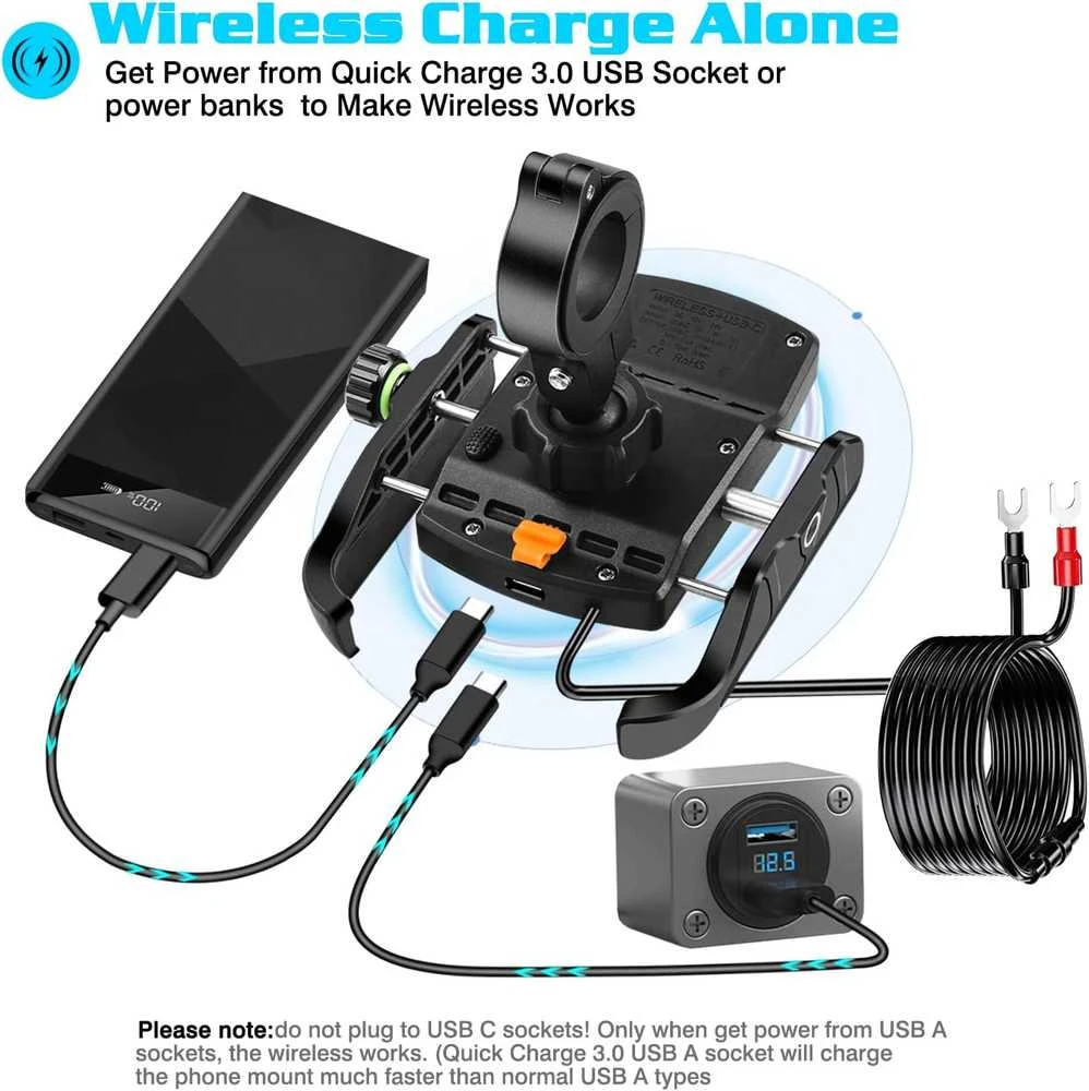iMESTOU laikiklis motociklui, QC3.0, 15 W, USB-C, M9S modelis