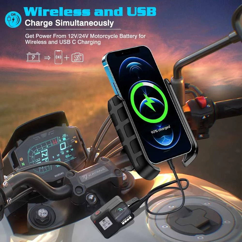 iMESTOU laikiklis motociklui, QC3.0, 15 W, USB-C, M9S modelis