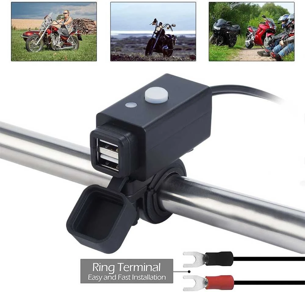 iMESTOU motociklinė USB įkrovimo stotelė, 2 x USB, 5 V 2.1 A, atspari vandeniui, su jungikliu, ck02