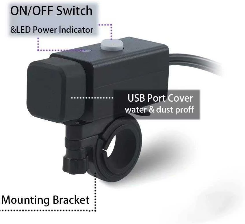 iMESTOU motociklinė USB įkrovimo stotelė, 2 x USB, 5 V 2.1 A, atspari vandeniui, su jungikliu, ck02