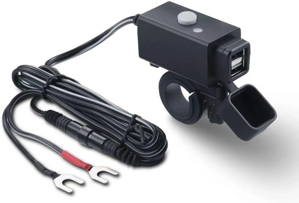 iMESTOU motociklinė USB įkrovimo stotelė, 2 x USB, 5 V 2.1 A, atspari vandeniui, su jungikliu, ck02