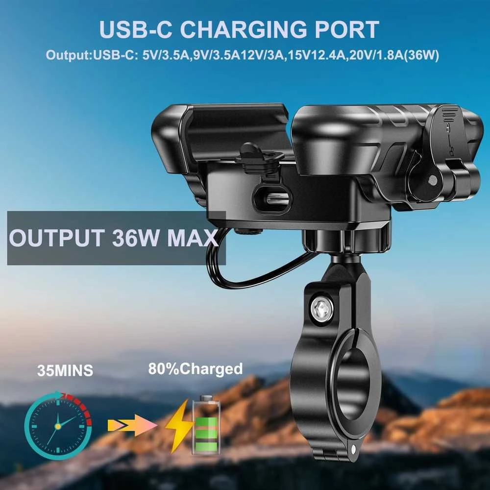 iMESTOU motociklinis telefono laikiklis su USB-C 36 W greitu įkrovimu, tinka 5.4–7.2 colių telefonams, tvirtinimas prie 12–32 mm vairo KWG-M8