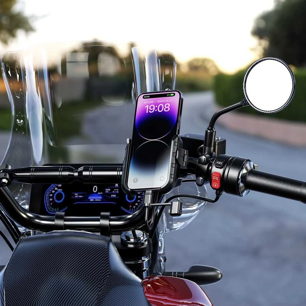 iMESTOU motociklinis telefono laikiklis su USB-C 36 W greitu įkrovimu, tinka 5.4–7.2 colių telefonams, tvirtinimas prie 12–32 mm vairo KWG-M8