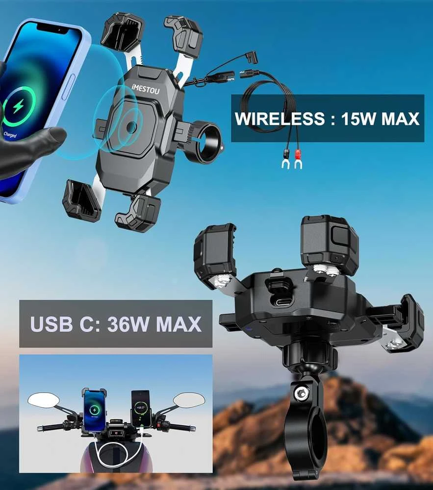 iMESTOU motociklo telefono laikiklis su belaidžiu ir USB-C įkrovimu 36 W, tinka 14–18,3 cm telefonams, M11