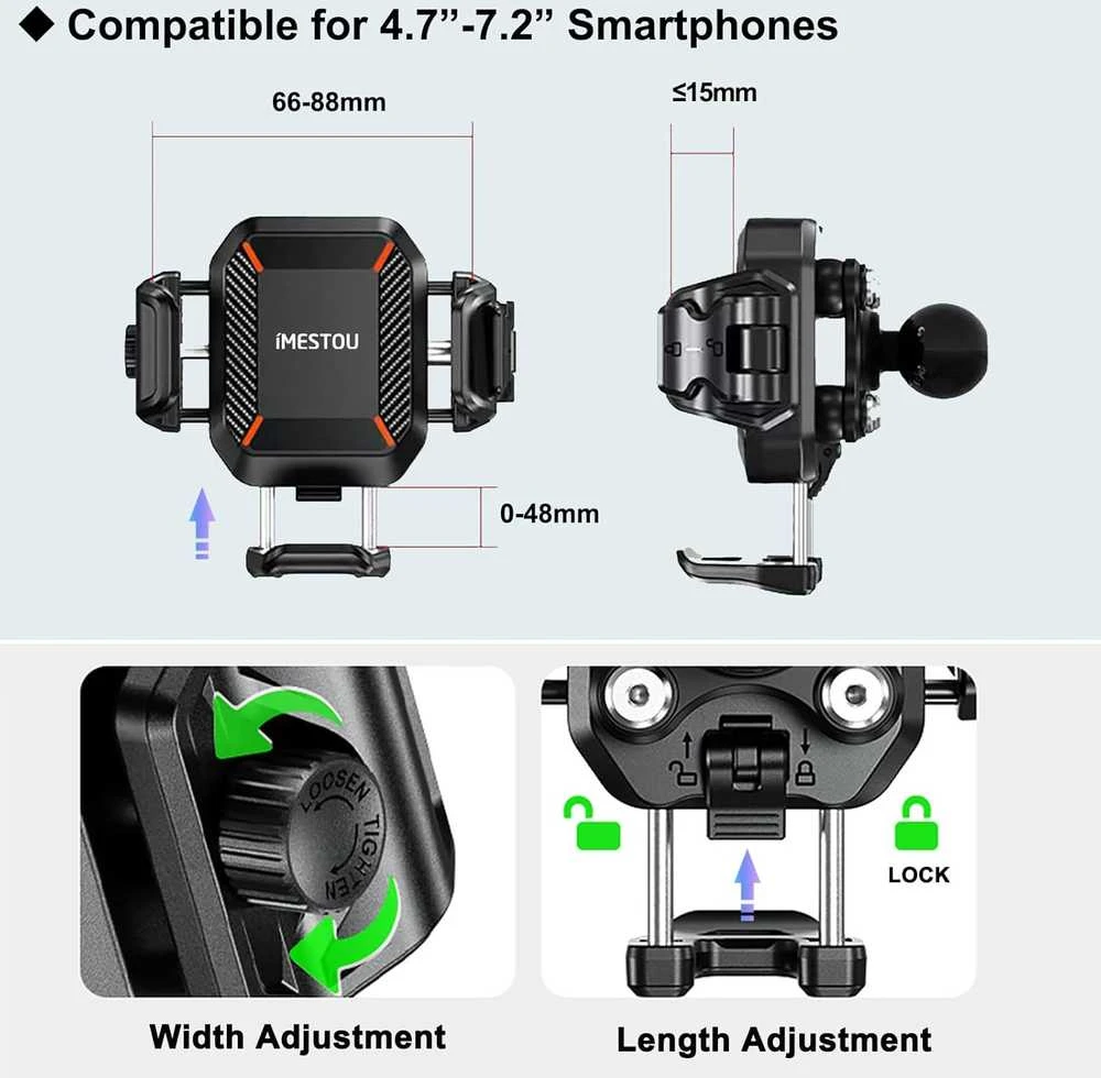 iMESTOU motociklų telefono laikiklis su Qi 15W įkrovimu, USB-C, IP66, kulkine galva, M33A