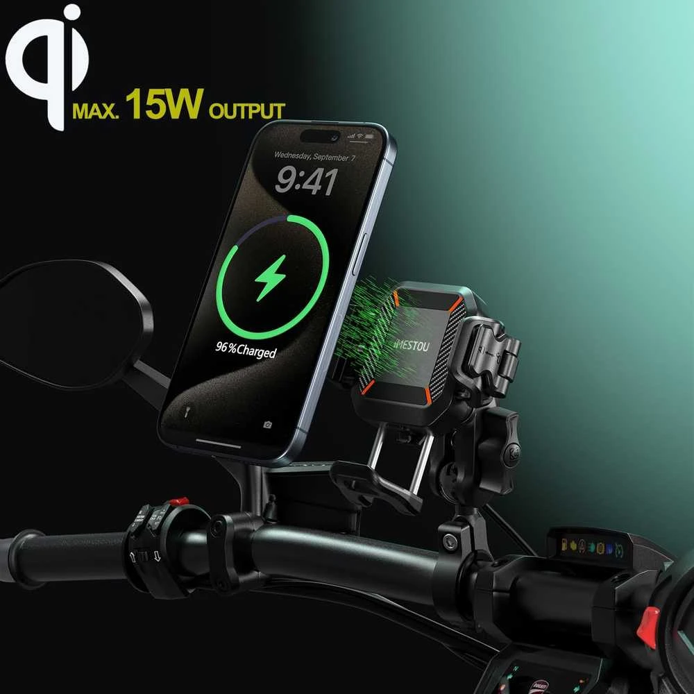 iMESTOU motociklų telefono laikiklis su Qi 15W įkrovimu, USB-C, IP66, kulkine galva, M33A