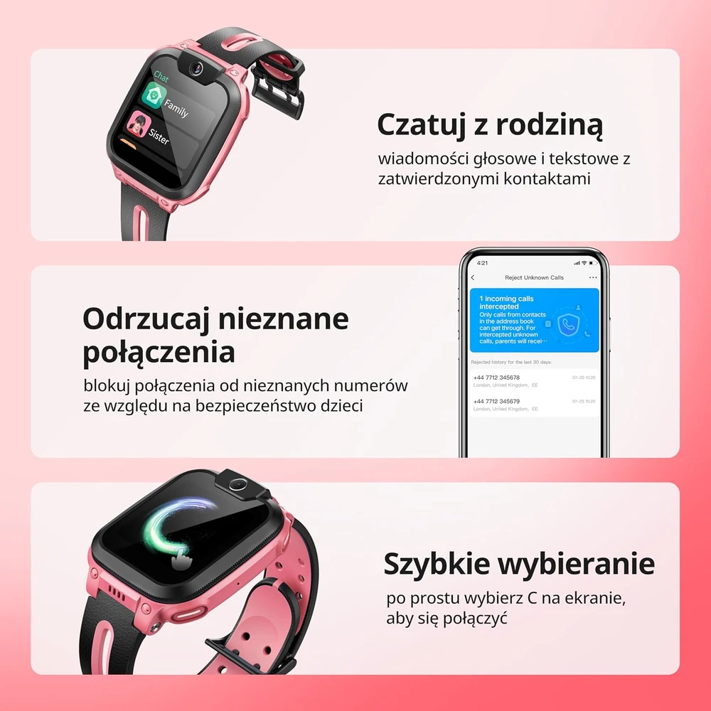 imoo vaikų išmanusis laikrodis su GPS, 4G, vaizdo skambučiais, vandeniui atsparus, Z1 rožinis