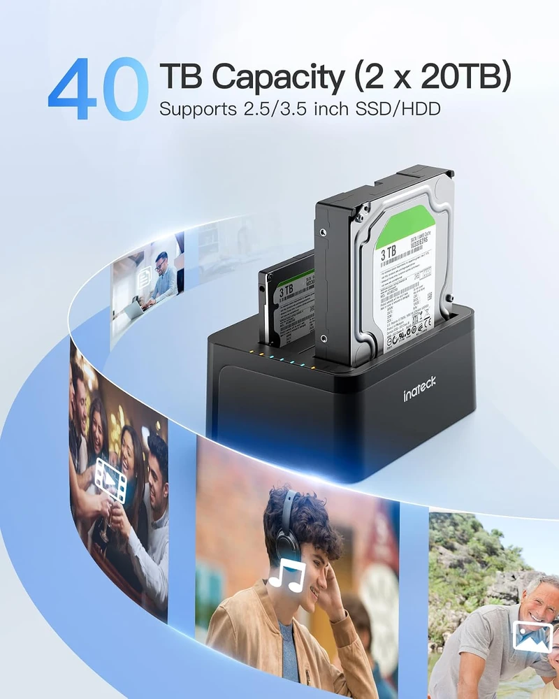 Inateck dviejų lizdų SATA HDD/SSD dokavimo stotelė USB 3.0 su autonominiu klonavimu SA02002-BK