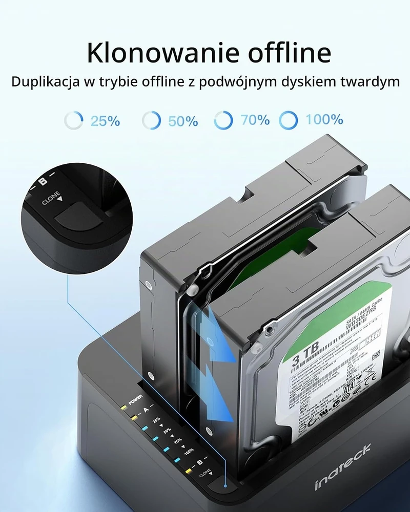 Inateck dviejų lizdų SATA HDD/SSD dokavimo stotelė USB 3.0 su autonominiu klonavimu SA02002-BK