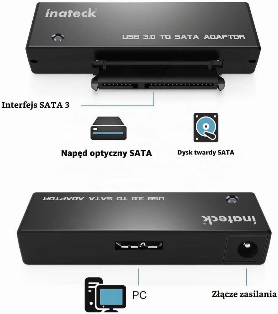 Inateck USB 3.0 į SATA adapteris 2.5 ir 3.5 colių HDD bei SSD diskams su 12 V 2 A maitinimu UA1001