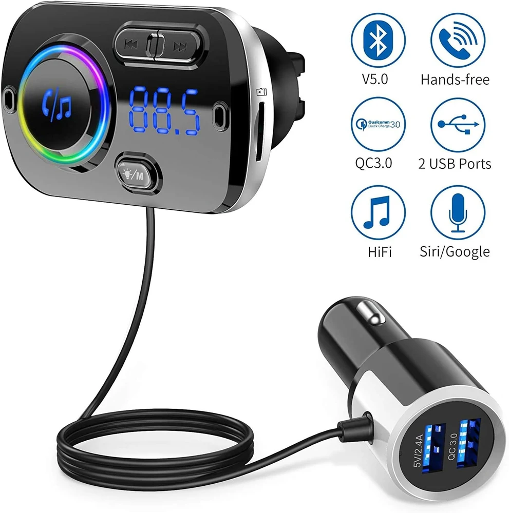 INF automobilinis Bluetooth FM siųstuvas Bluetooth 5.0 su 2 USB jungtimis, AUX ir LED