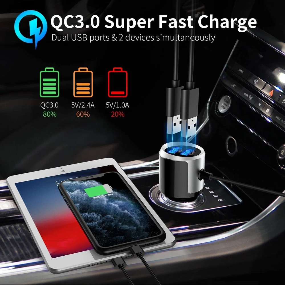 INF automobilinis Bluetooth FM siųstuvas Bluetooth 5.0 su 2 USB jungtimis, AUX ir LED