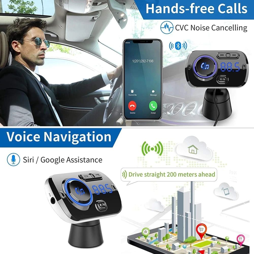 INF automobilinis Bluetooth FM siųstuvas Bluetooth 5.0 su 2 USB jungtimis, AUX ir LED