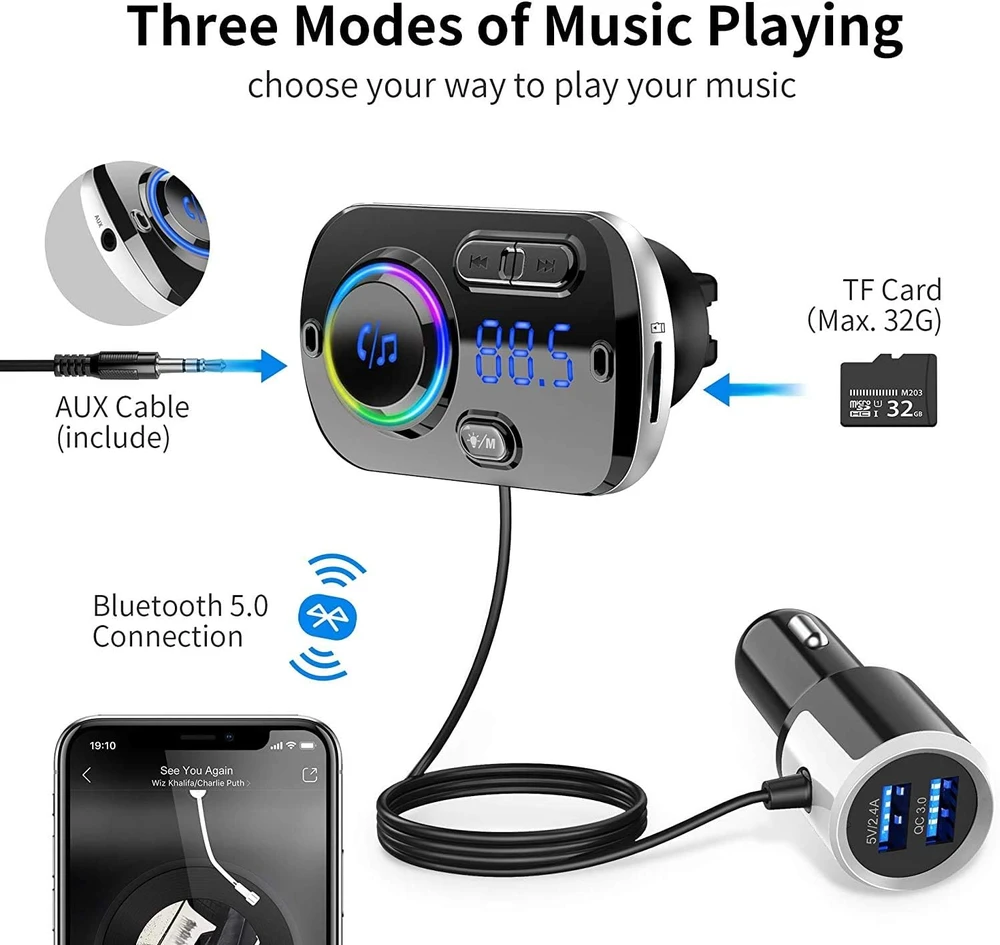INF automobilinis Bluetooth FM siųstuvas Bluetooth 5.0 su 2 USB jungtimis, AUX ir LED