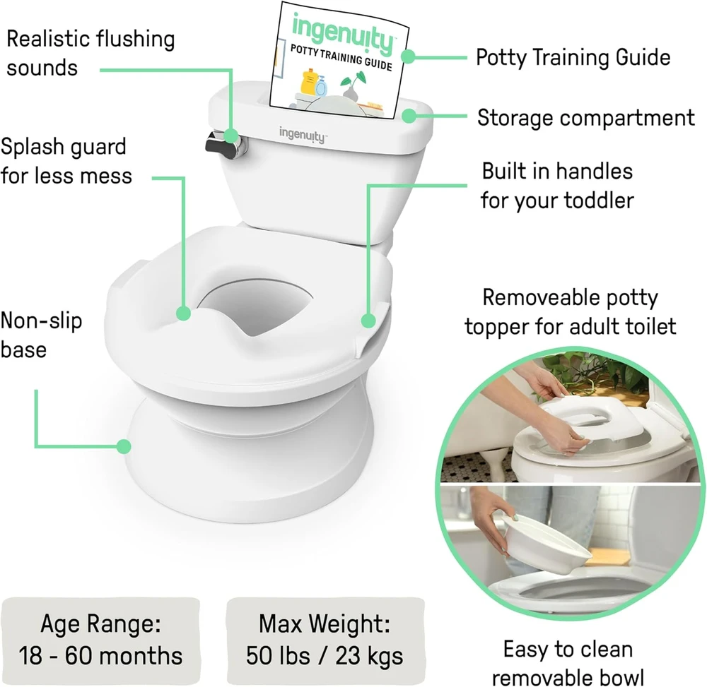 Ingenuity vaikiškas naktipuodis My Size Potty Pro su nuleidimo garsu ir nuimamu dubeniu