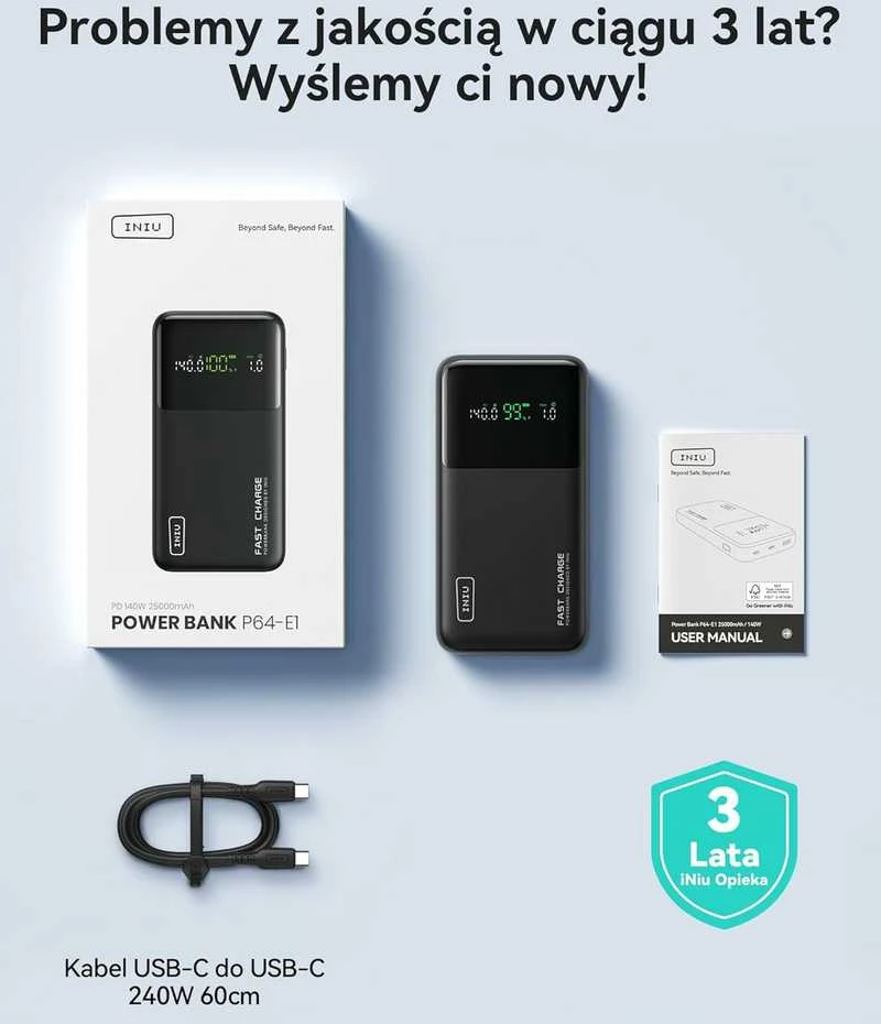 INIU 25000mAh 140W nešiojamas maitinimo bankas su 2x USB-C ir USB-A, juodas