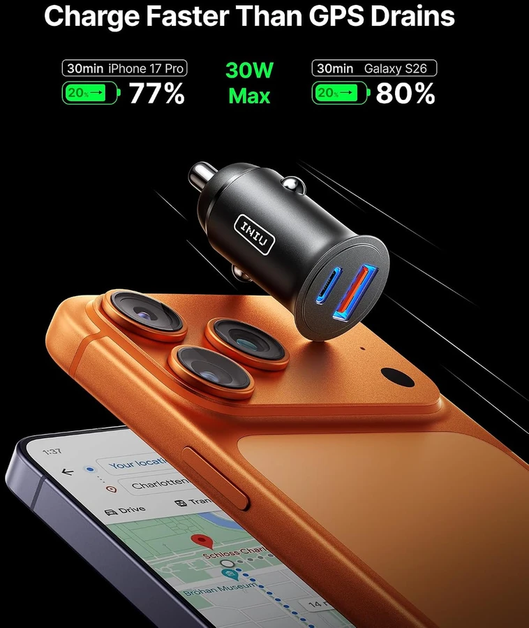 INIU automobilinis įkroviklis 60 W su USB-C ir USB-A, PD bei QC 3.0 greituoju įkrovimu