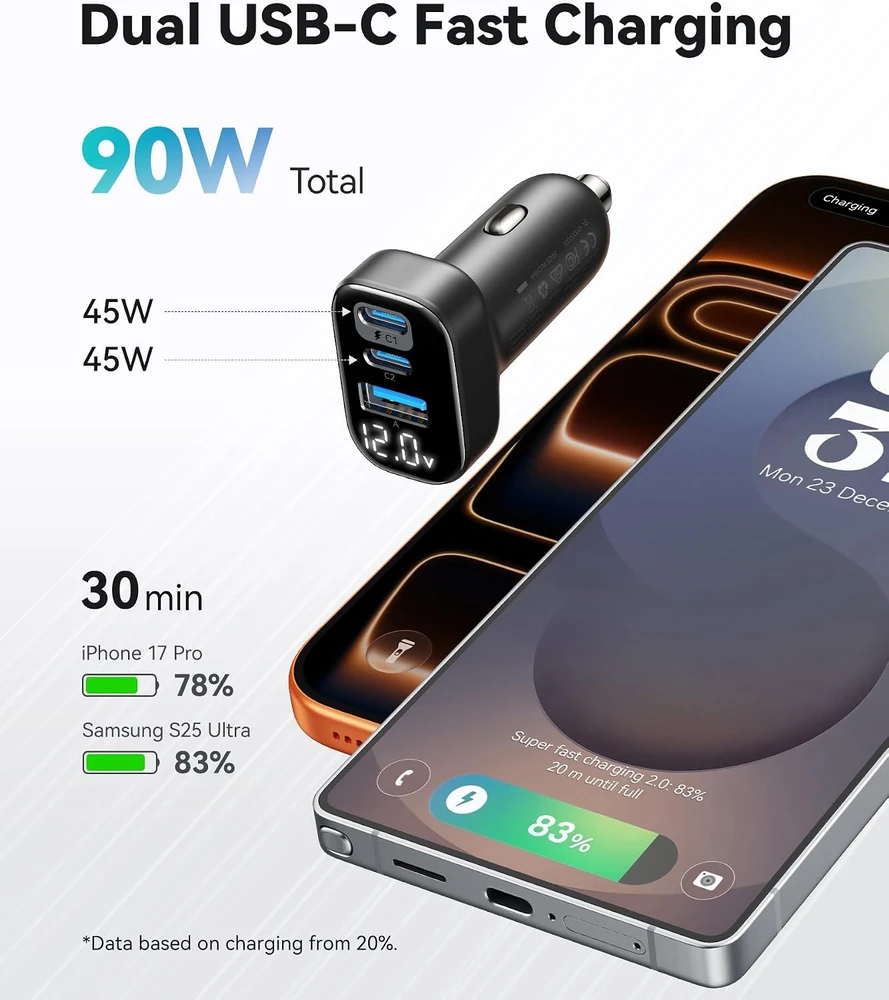 INIU automobilinis įkroviklis 90 W su 2 USB-C ir USB-A jungtimis, V201