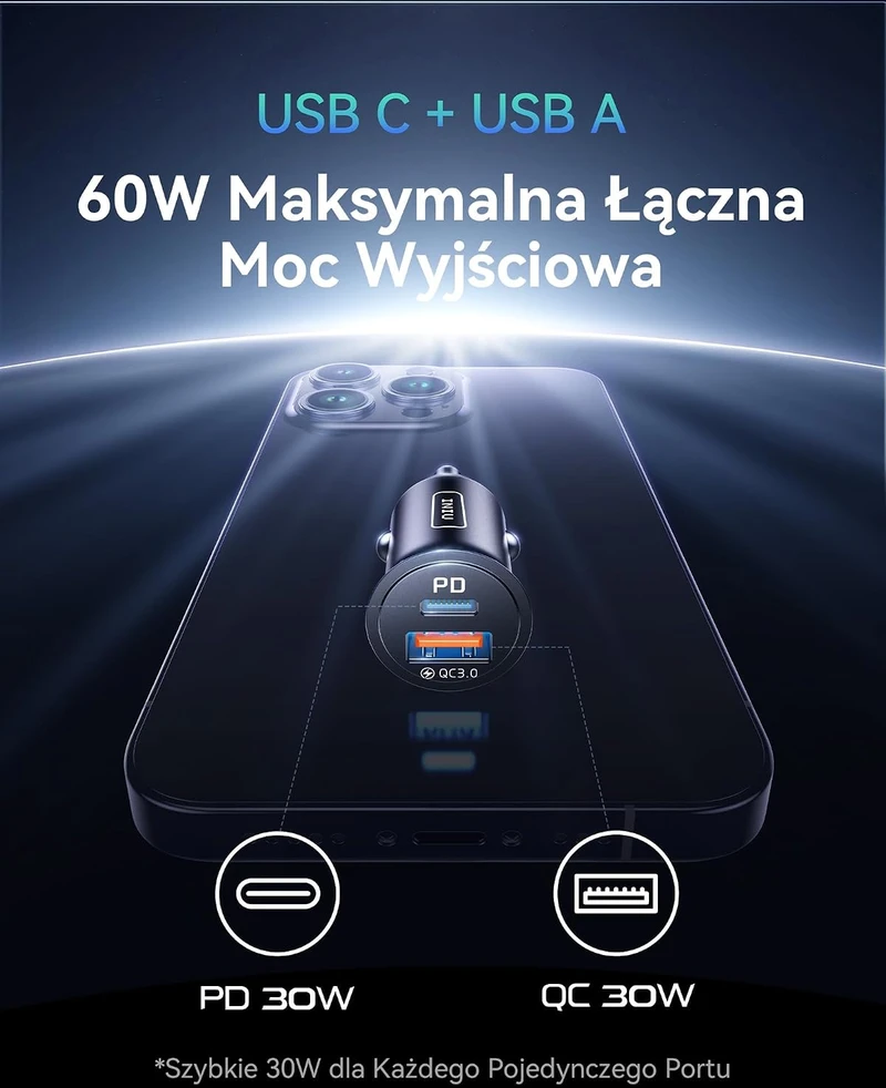 INIU automobilinis kroviklis 60 W, USB-C ir USB-A, PD 3.0, greitasis įkrovimas, metalinis, CI-710