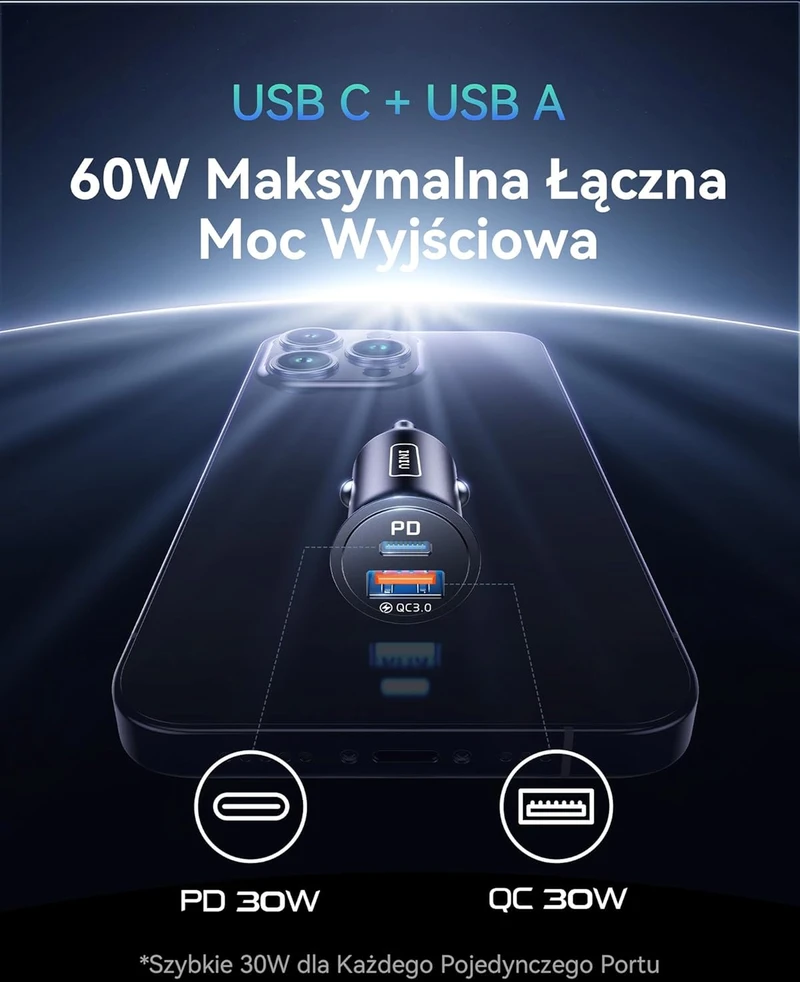 INIU automobilinis kroviklis 60 W, USB-C ir USB-A, PD 3.0, greitasis įkrovimas, metalinis, CI-710