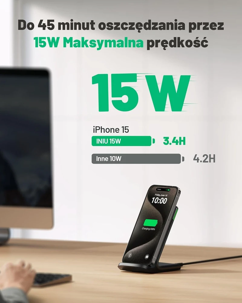 INIU belaidis kroviklis 15 W, Qi standaus tipo, su adaptacine LED lempute, juodas, WI-I211-1P