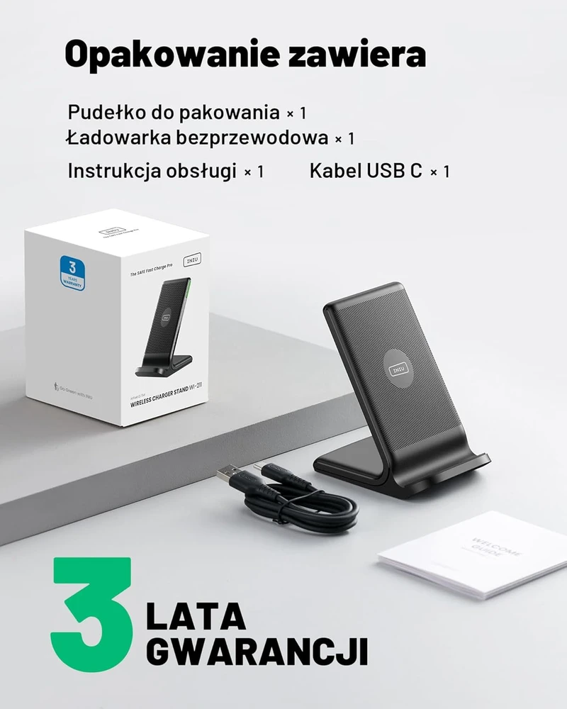INIU belaidis kroviklis 15 W, Qi standaus tipo, su adaptacine LED lempute, juodas, WI-I211-1P