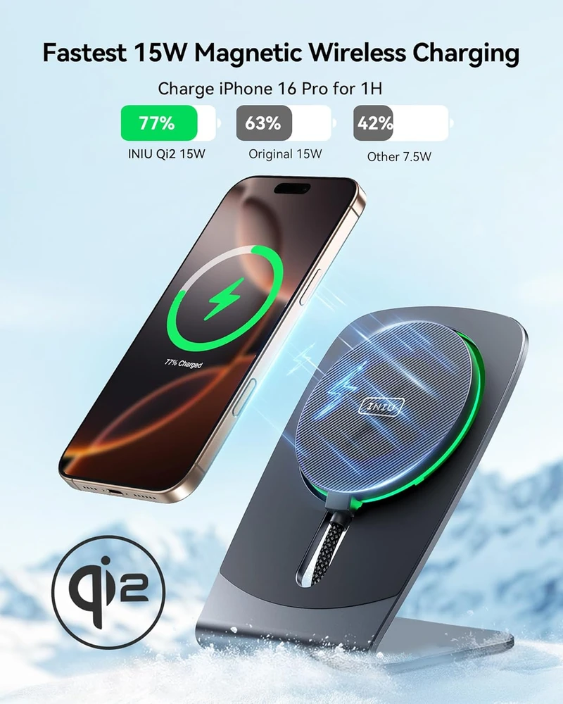 INIU belaidis magnetinis įkroviklis Qi2 15 W su USB-C jungtimi W21-E1