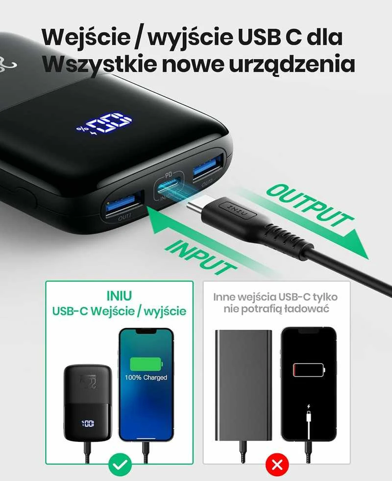 INIU BI-B61 mini 10000 mAh power bank, 22.5 W PD3.0 QC4.0, USB-C įkroviklis